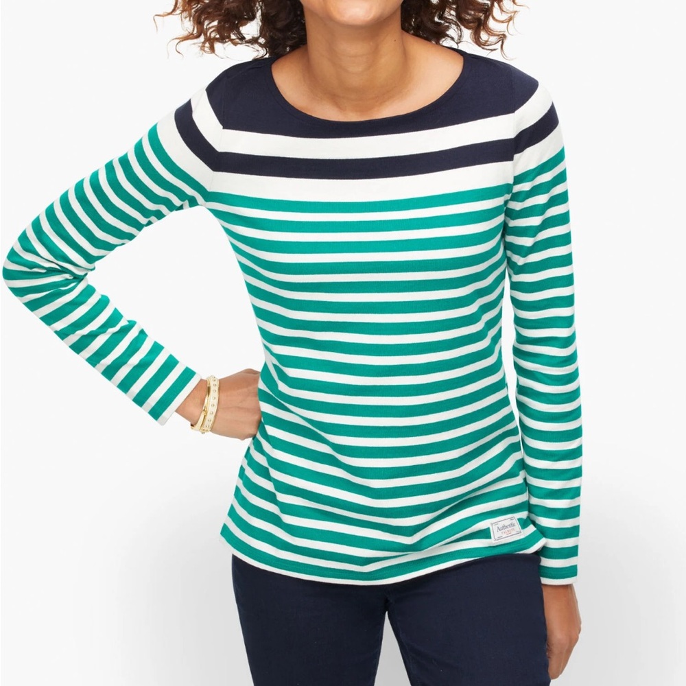 Talbots Authentic Tee-Le Havre Stripe Blue, Green, White Long Jersey Size L.
